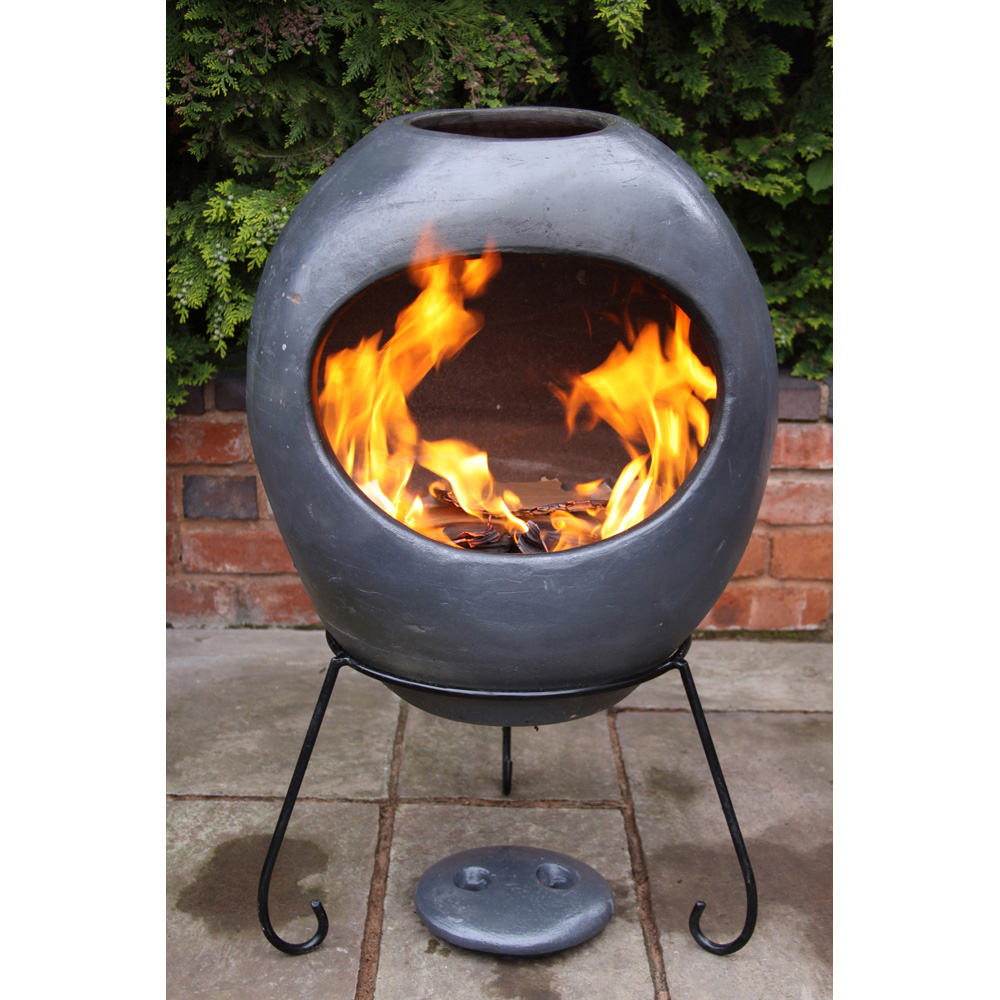 Gardeco Ellipse Extra Large Charcoal Grey Mexican Chimenea with Stand and Lid Image 2