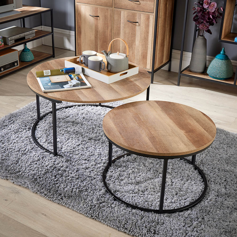 Home Source Oakmere Black and Oak Effect Round Nest of Tables Set of 2 Image 6