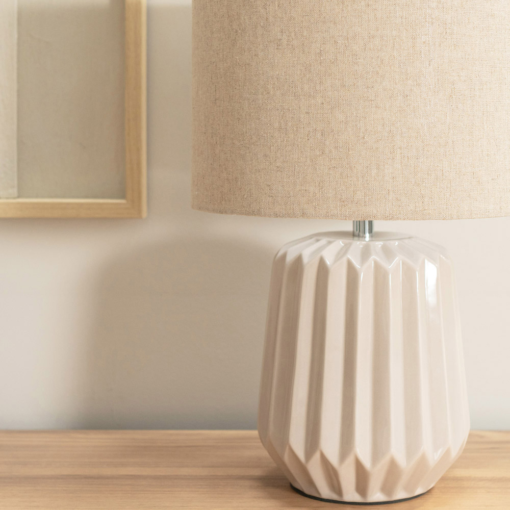 ValueLights Zak Fabric Lamp Shade Natural Stone Pleated Textured Ceramic LED Table Lamp Image 4