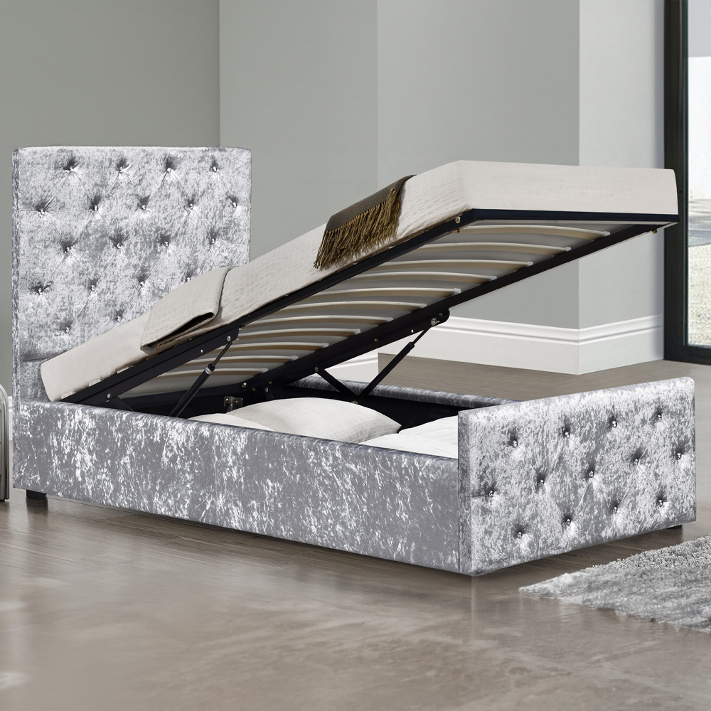 Brooklyn Single Silver Plush Velvet Diamante Chesterfield Ottoman Bed Image 2