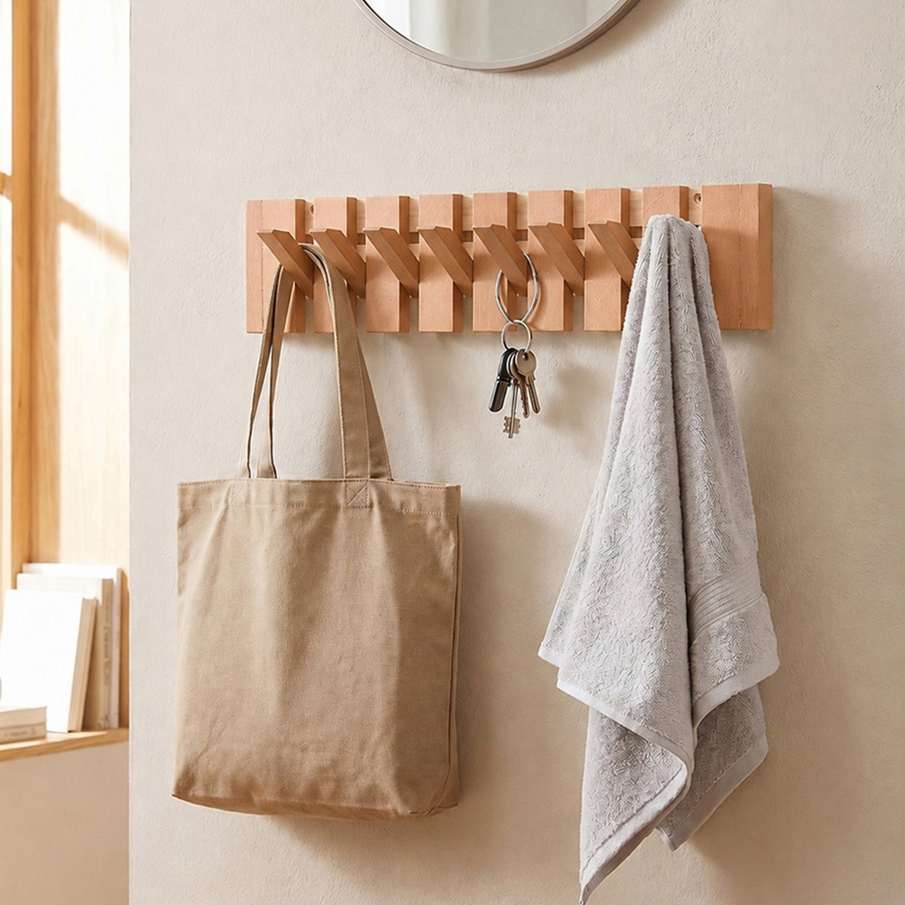 Living and Home Natural Wall-Mounted Coat Rack with 8 Flip-Down Hooks Image 2