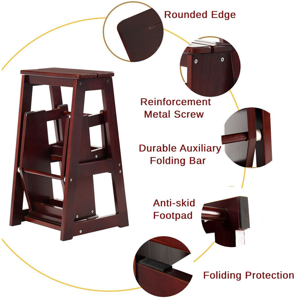 Costway 3 Step Coffee Wooden Folding Stool Stepladder Image 3