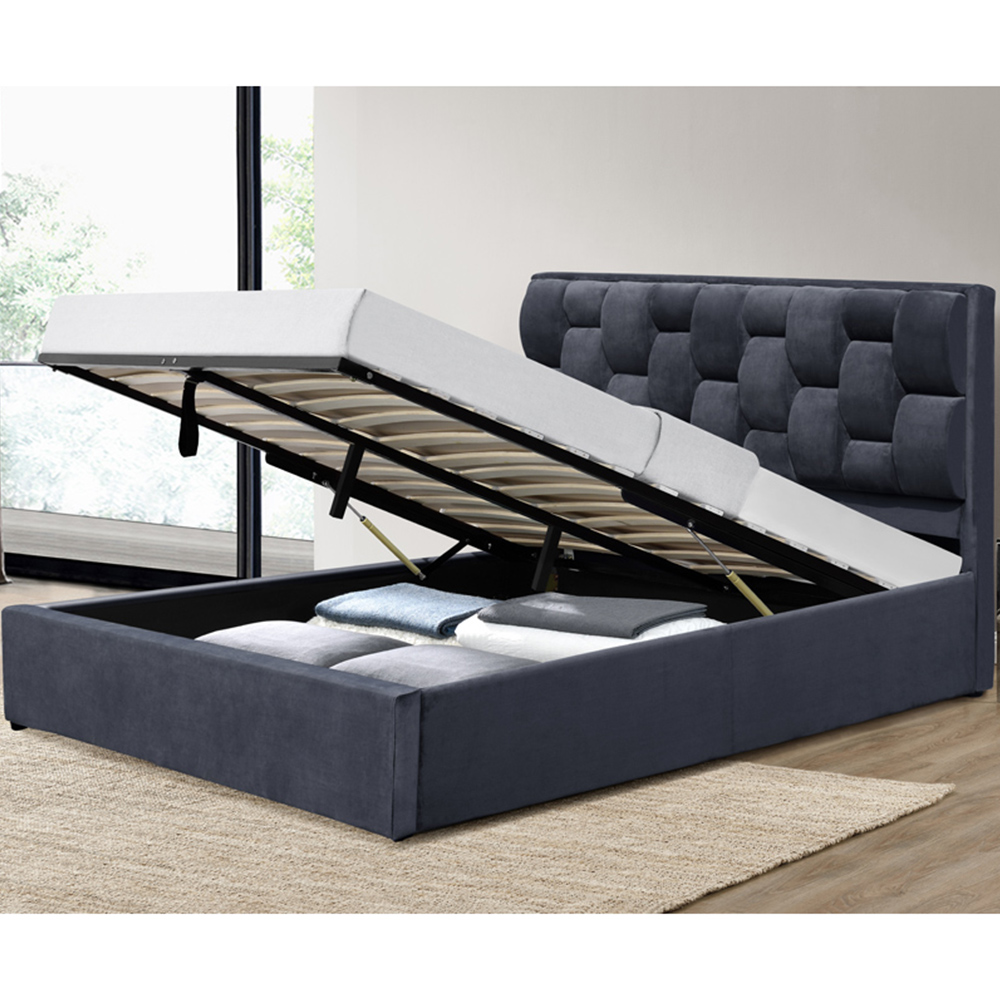Brooklyn King Size Grey Plush Velvet Storage Ottoman Bed Image 2