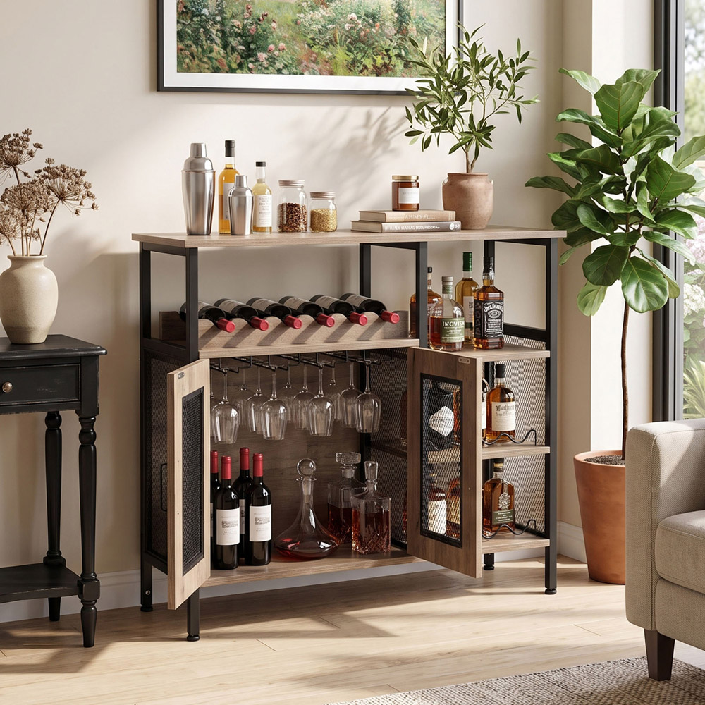 Living and Home 2 Door 3 Shelf Retro Grey Bar Cabinet with 5 Bottle Wine Rack Image 8