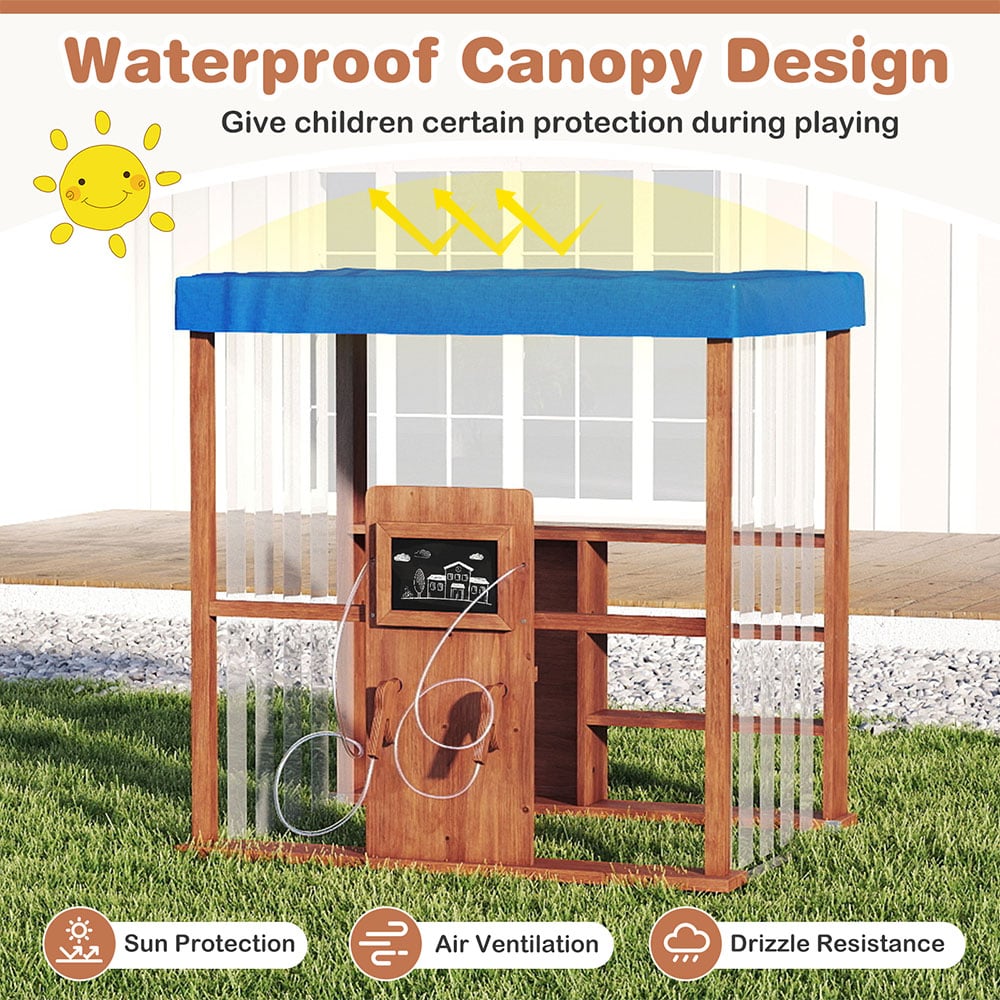 Costway Kids Natural Wooden Outdoor Gas Station Play Set with Canopy and Simulation Refuelling Guns Image 6