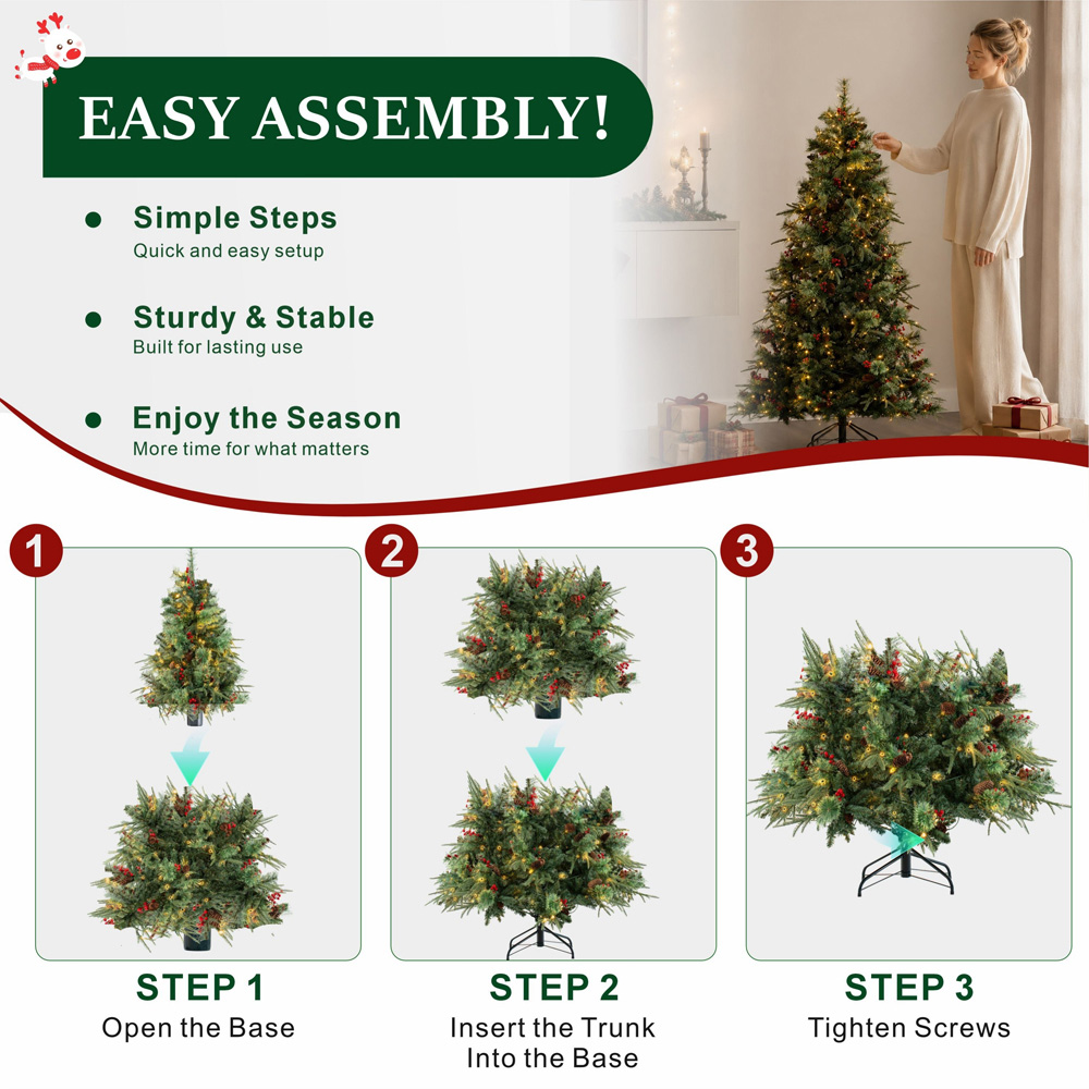 Abrihome Green Artificial Christmas Tree with Berries and Pinecones 7ft Image 5