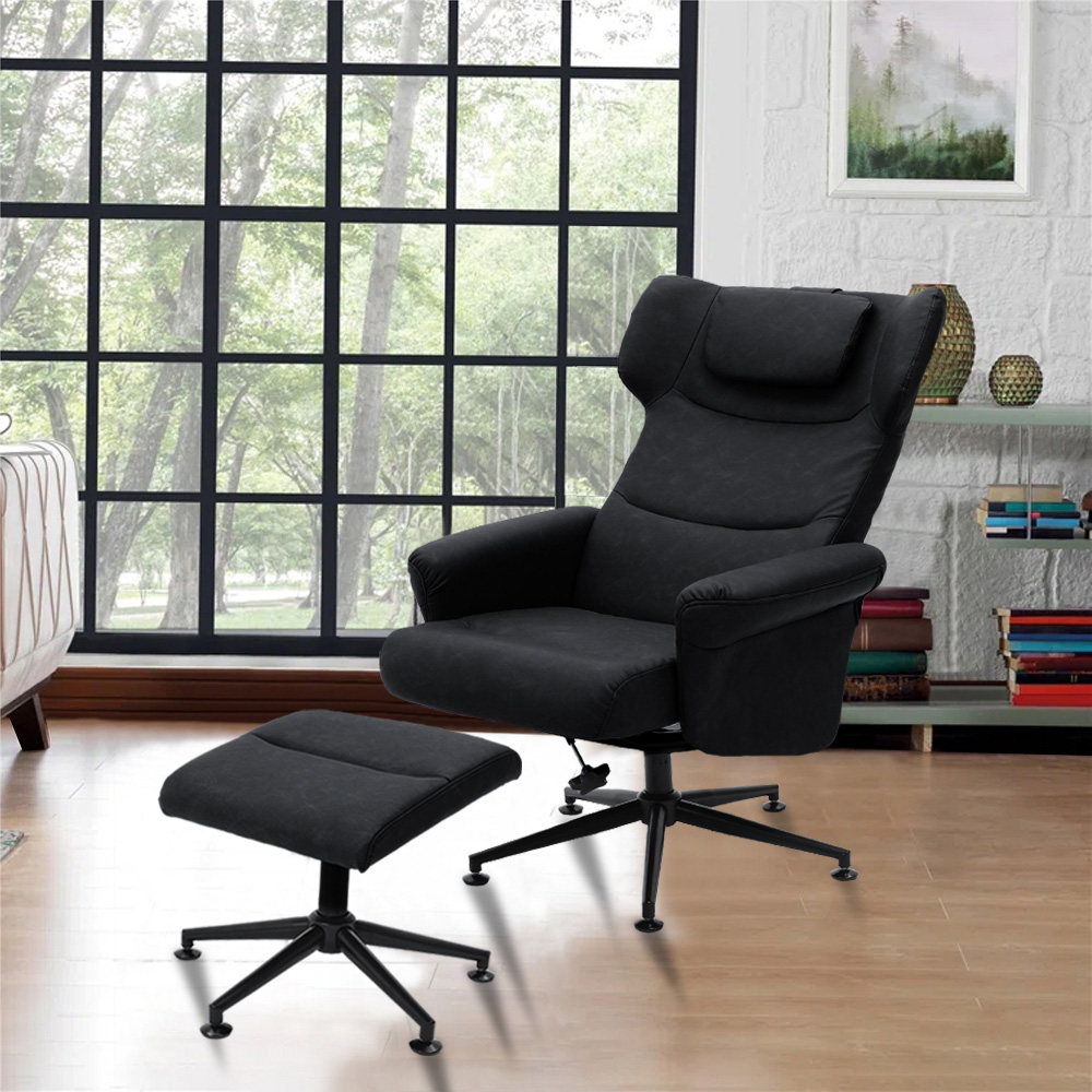 Living and Home Black Faux Leather Swivel Armchair with Footstool Image 7
