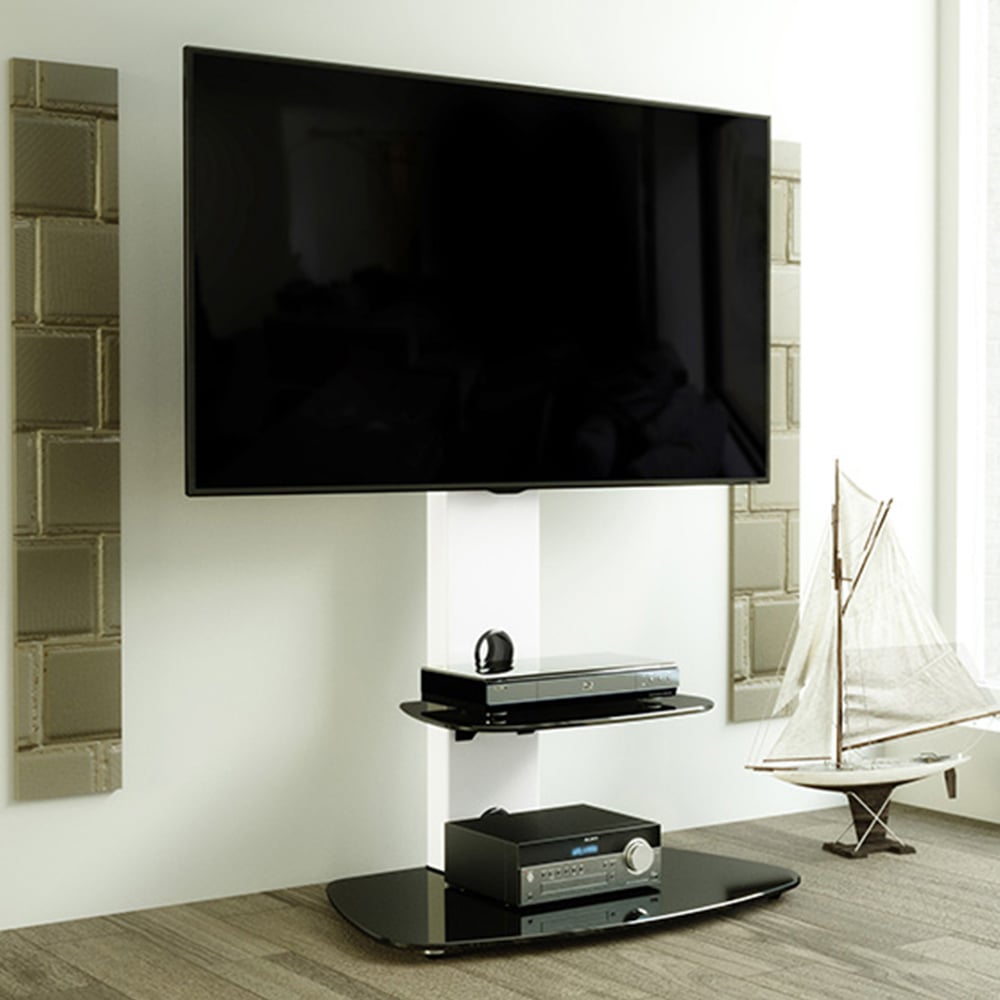 AVF Lucerne Satin White and Black Glass Curved Pedestal TV Unit Image 1