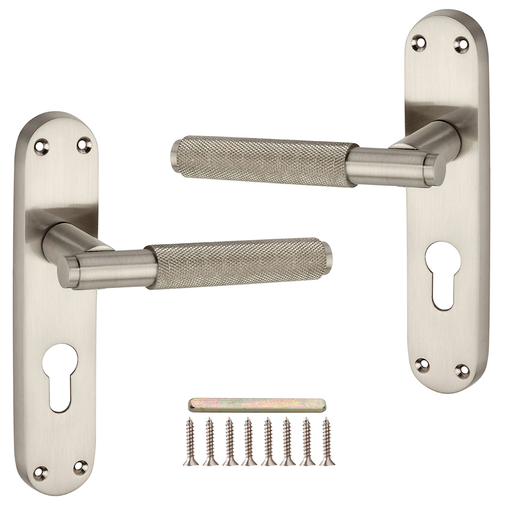 Spira Brass Connaught Satin Nickel Knurled Lever Door Handle with Euro Backplate 2 Pack Image 4