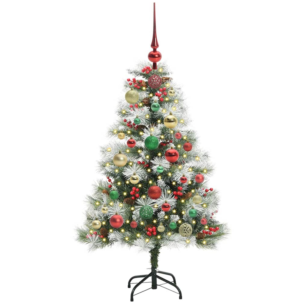 vidaXL Pre-Lit Multicolour Baubles Green Artificial Snow Flocked Christmas Tree 4ft Image 1