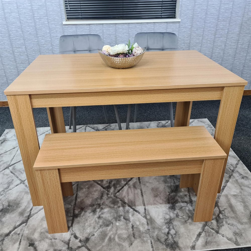 Portland 4 Seater Velvet Dining Bench Set Oak Effect and Grey Image 4