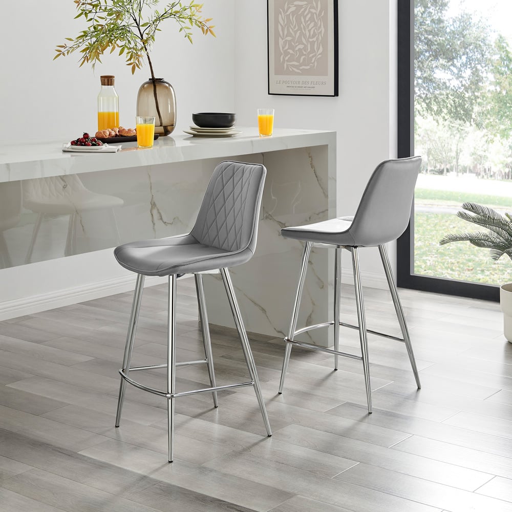 Furniturebox Cesano Grey and Silver Velvet Bar Stool Set of 2 Image 5
