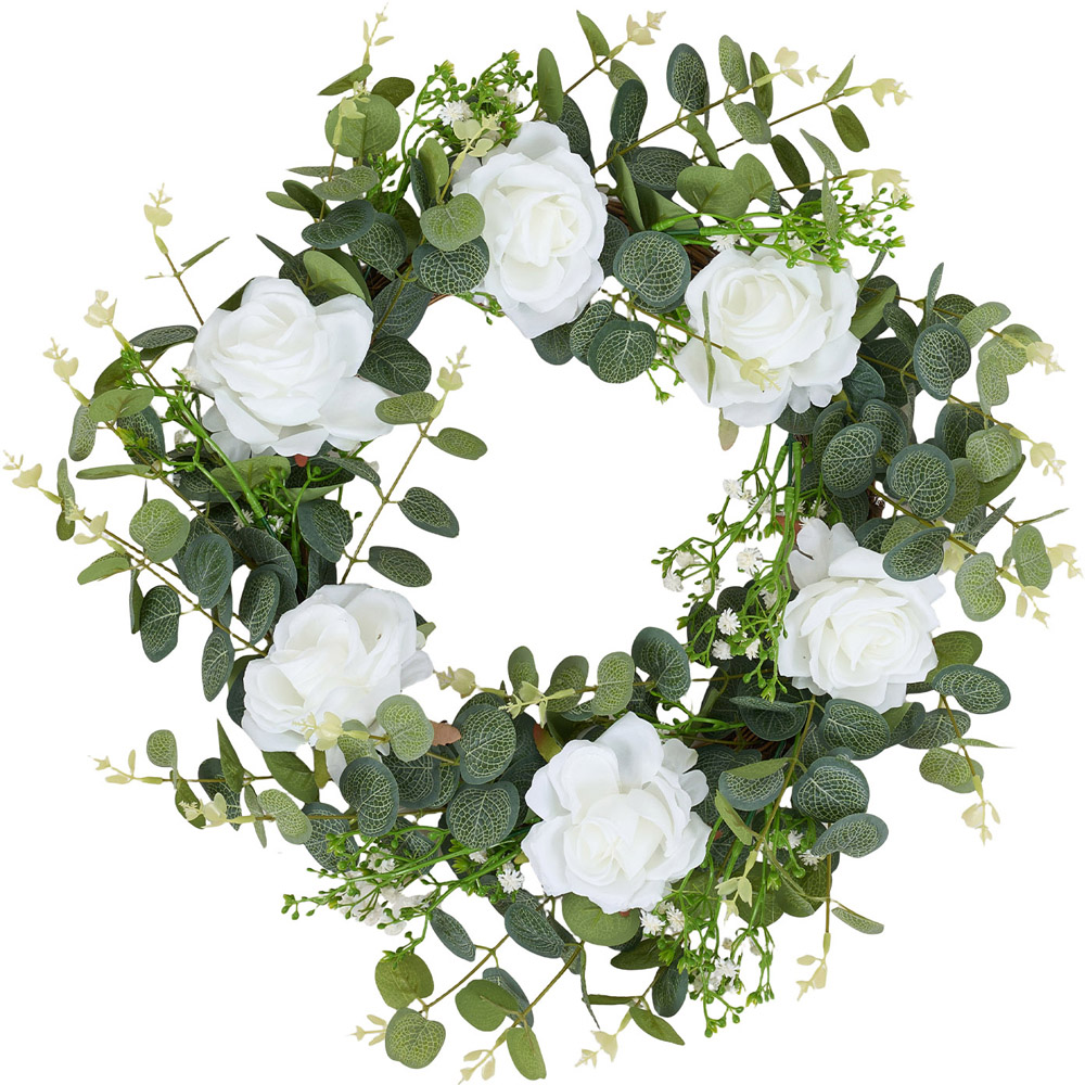 Living and Home Artificial White Rose and Eucalyptus Door Wreath 50cm Image 1