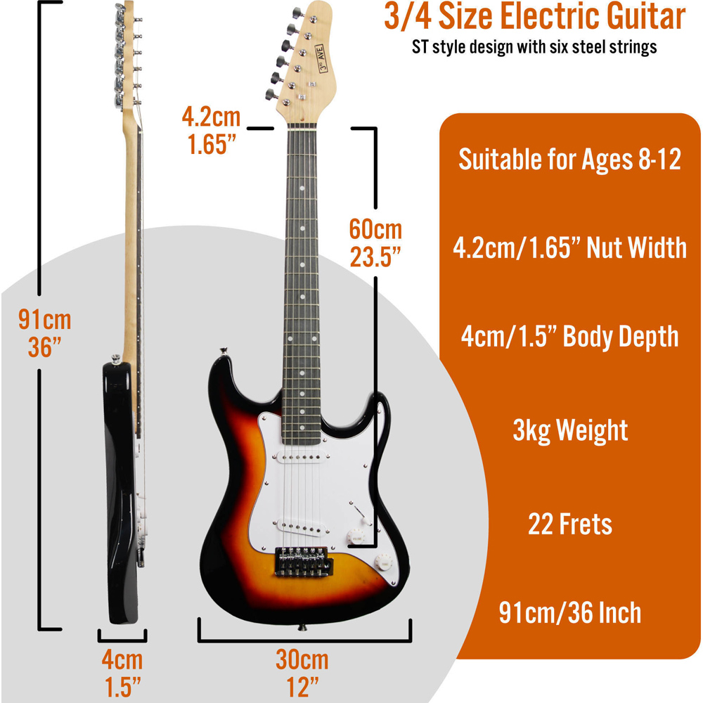 3rd Avenue Sunburst Three Quarter Size Electric Guitar Set Image 6
