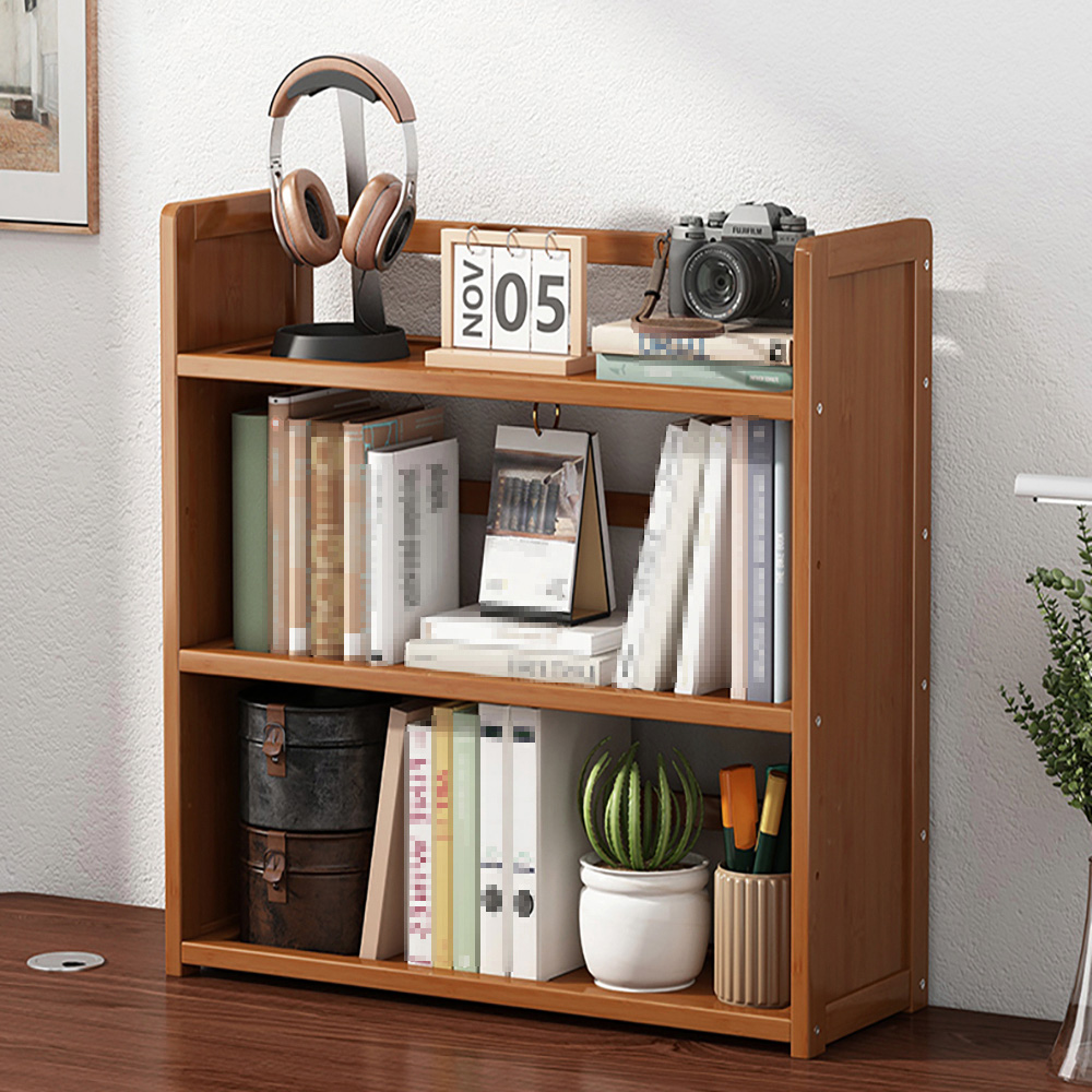 Living and Home 3 Shelf Brown Bamboo Desktop Bookshelf with Guardrail Image 8