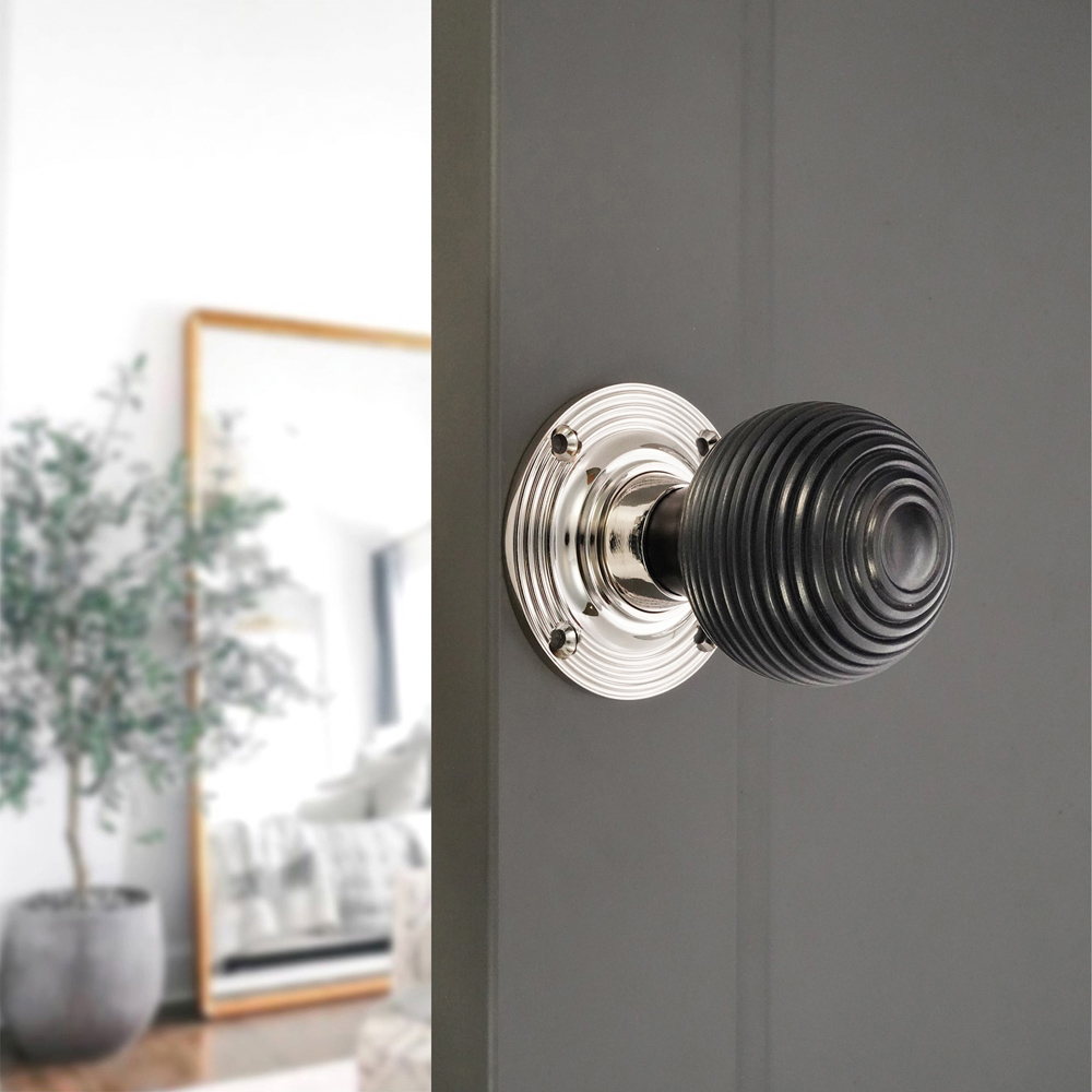 Spira Brass Polished Nickel Ebony Beehive Rim and Mortice Door Knob 2 Pack Image 2