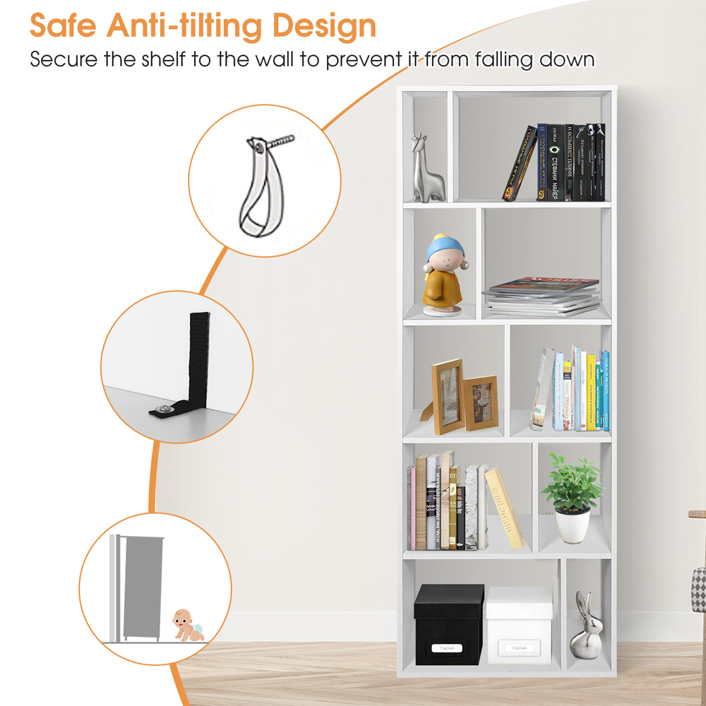 Costway 10 Shelf White Wood Bookshelf Image 6