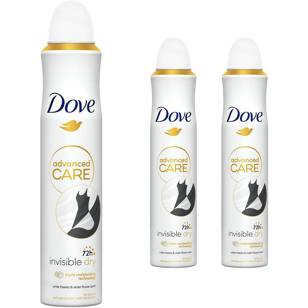 Dove Advanced Care Invisible Dry Anti-Perspirant Deodorant Spray 200ml 3 Pack Image 1