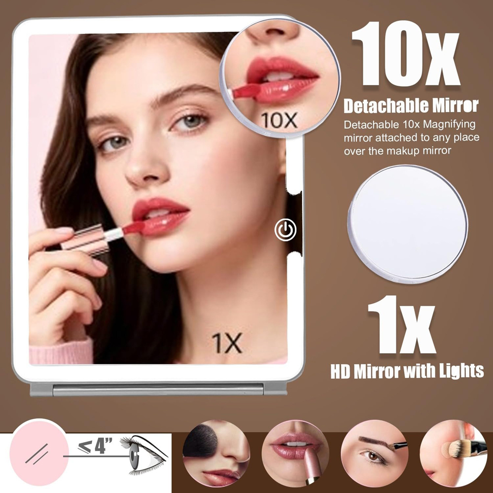 ATEK White Rechargeable LED Touch Control Travel Makeup Mirror with 10x Magnifying Insert Image 2