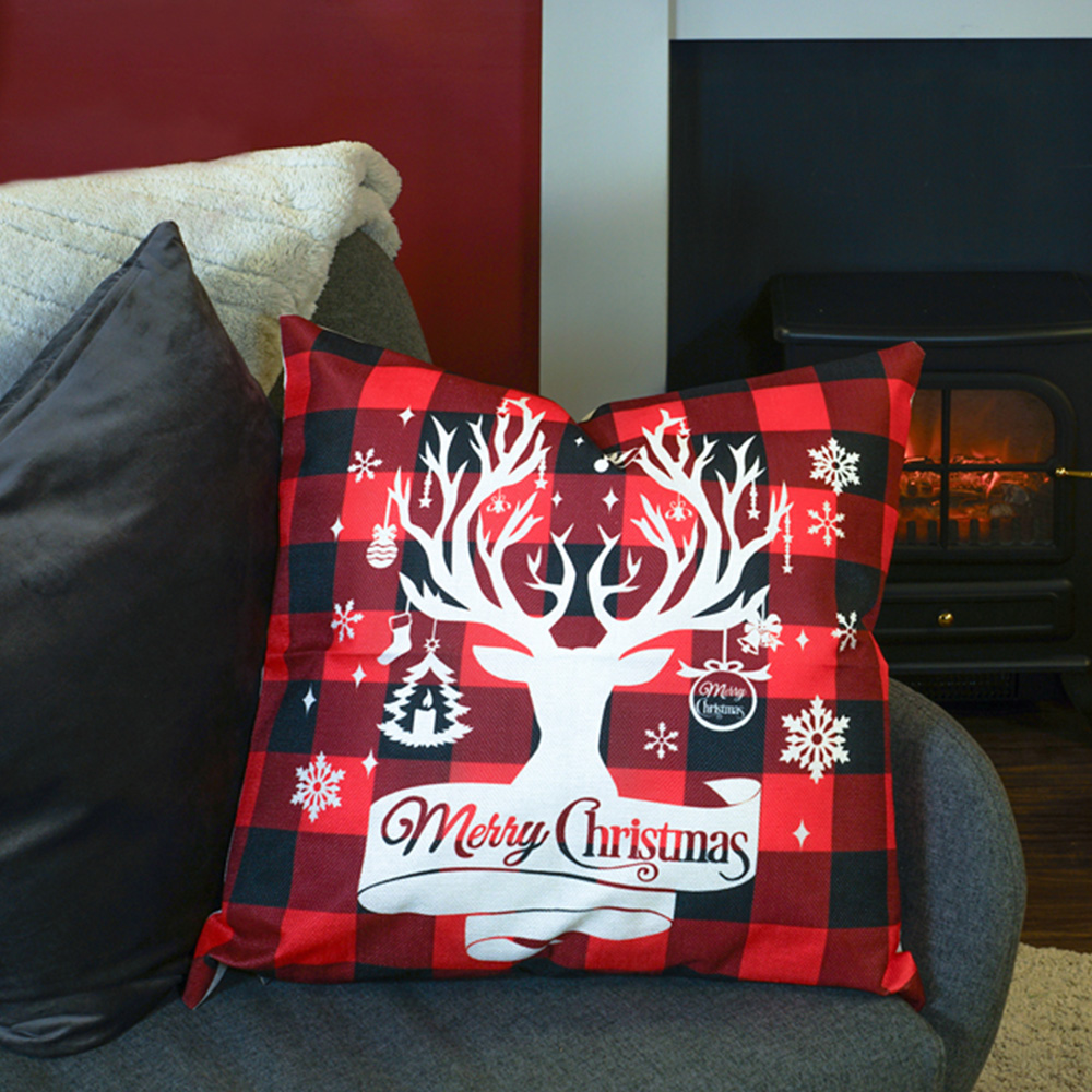 Xmas Haus Festive Black and Red Plaid Stag Christmas Cushion 45 x 45cm Image 2