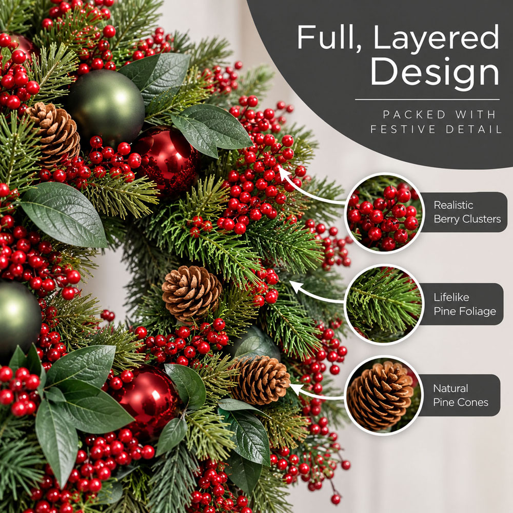 Neo Green and Red Artificial Christmas Wreath with Berries and Pine Cones 50cm Image 5