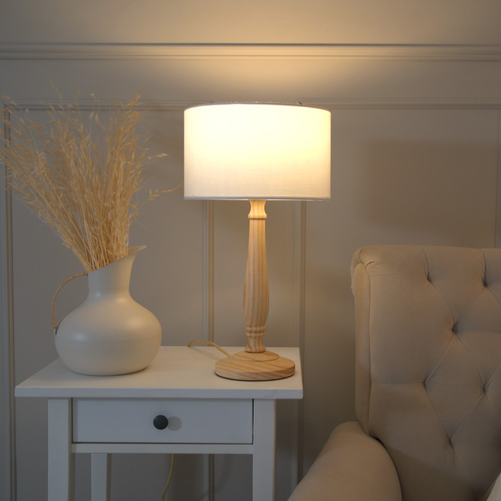 ValueLights Victoria White Fabric Drum Shade Light Wood Traditional Stem LED Table Lamp Image 2