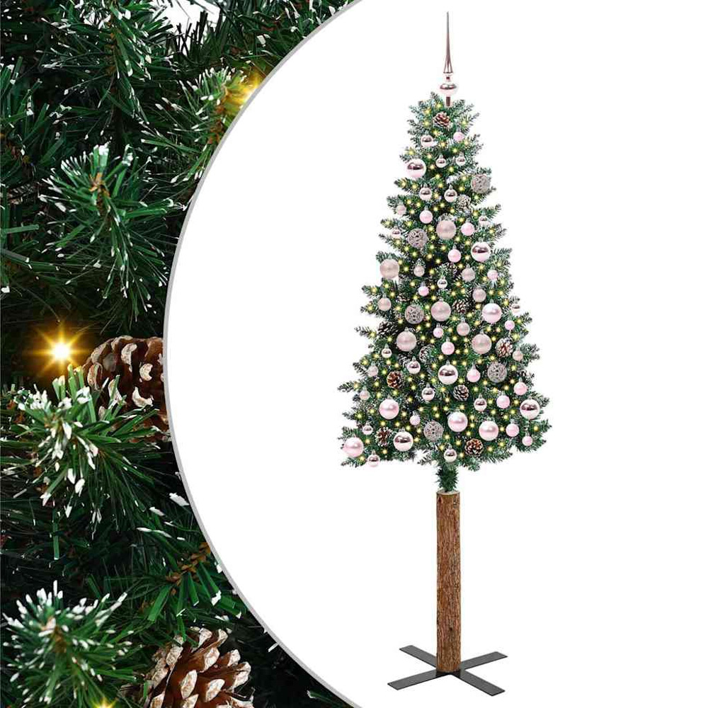 vidaXL Green Snow Flocked Artificial Christmas Tree with Pinecones LEDs Pink Ornaments 6ft Image 2