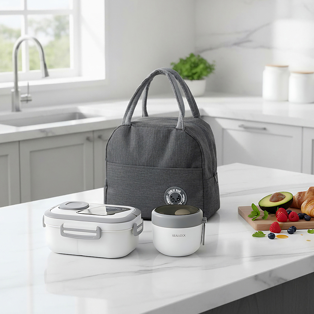Living and Home Grey Portable Lunch Box Set with Cutlery and Insulated Bag Image 2