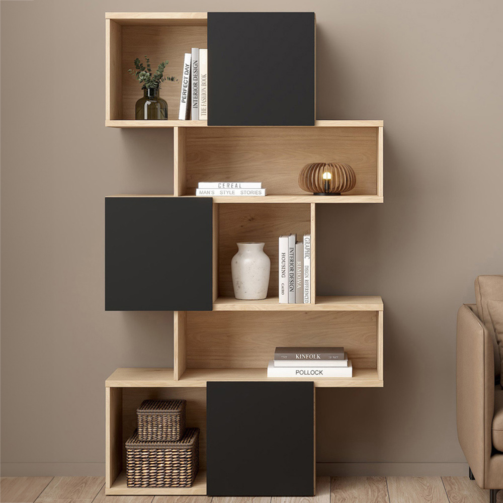 Furniture To Go Maze 3 Door 5 Shelf Jackson Hickory and Black Asymmetrical Bookcase Image 1