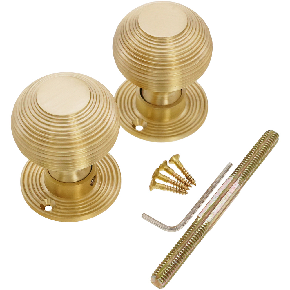 Spira Brass Satin Brass Beehive Small 50mm Rim and Mortice Door Knob 2 Pack Image 4