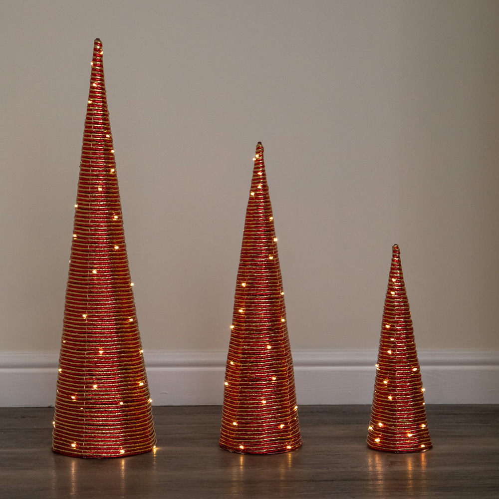 Samuel Alexander 120 Warm White LED Red and Gold Braid Christmas Cone Tree with Timer Set of 3 Image 1