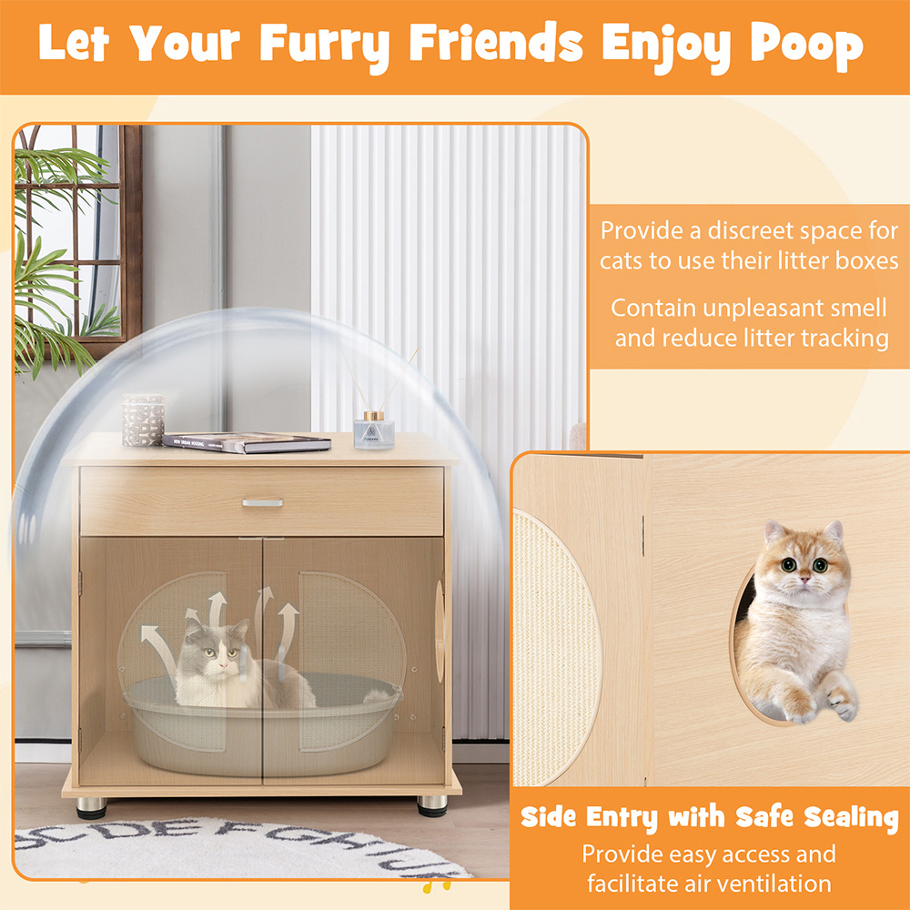 Costway Natural Cat Litter Box Enclosure with Sisal Scratching Doors Image 6