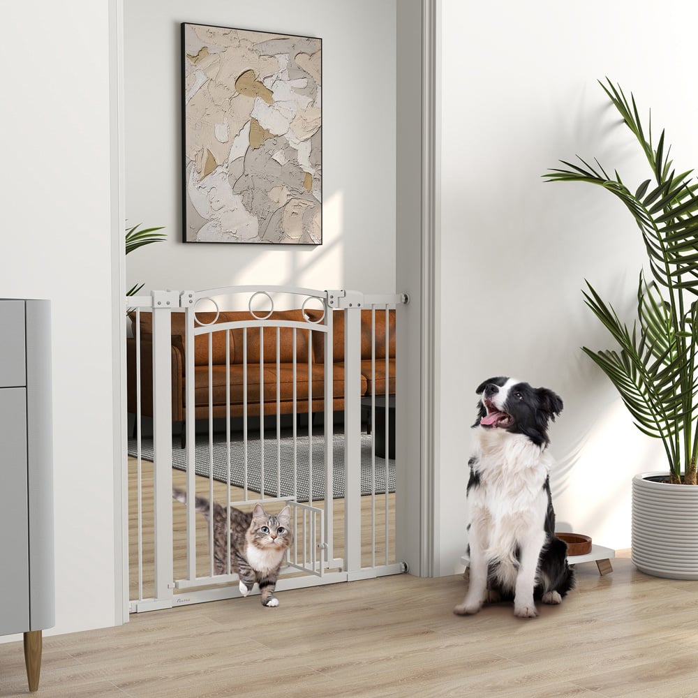 PawHut Tall Stair Gate with Cat Door 96cm Image 2