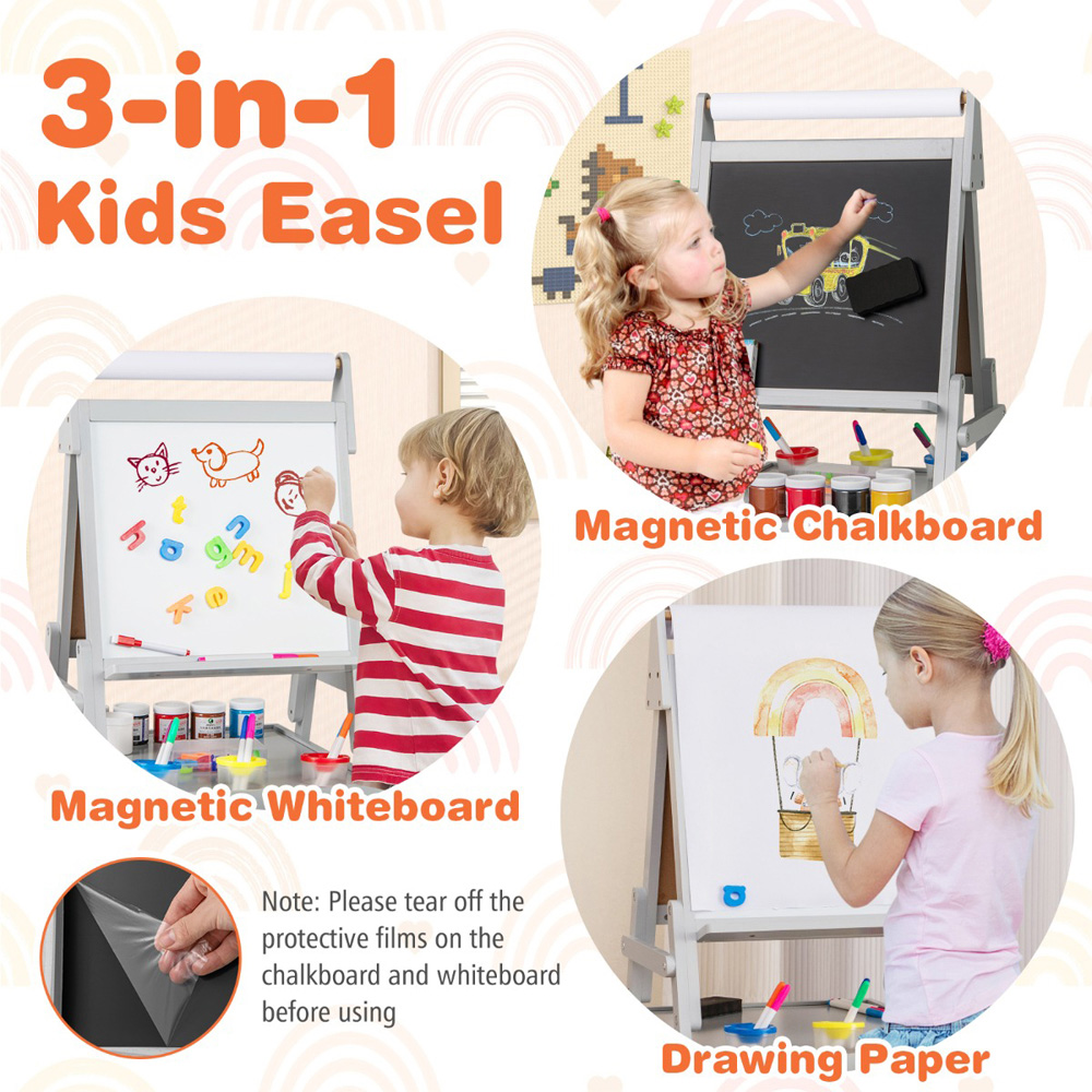 Costway Kids Grey Double Sided Easel with Magnetic Whiteboard and Chalkboard Image 7