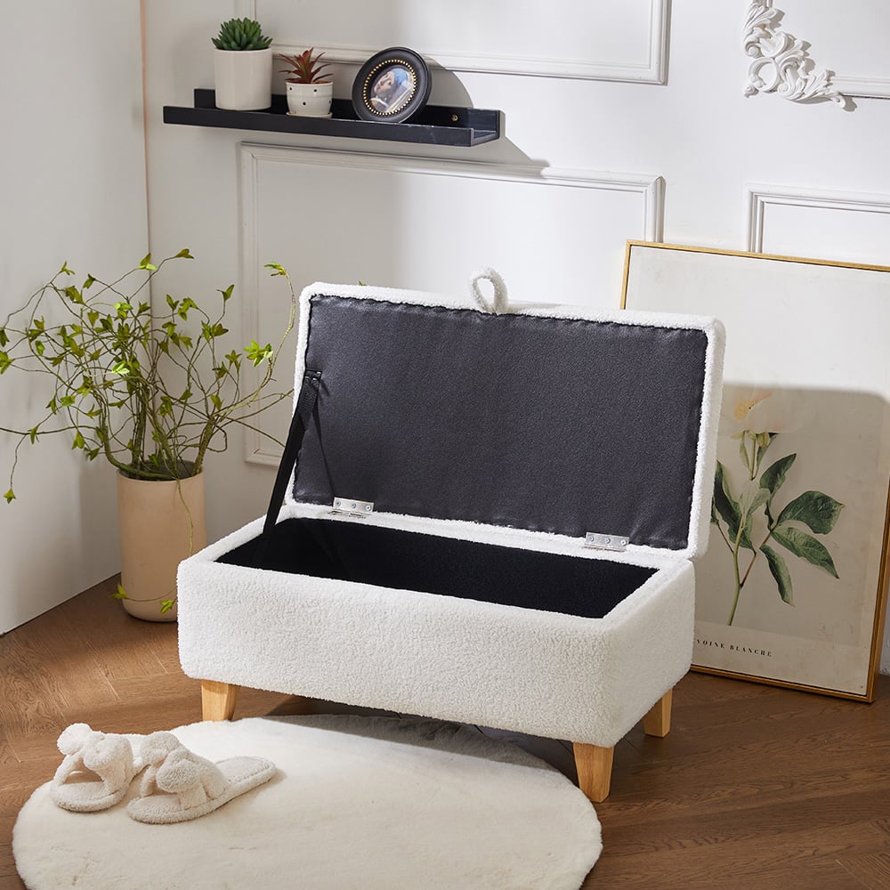Living and Home White Teddy Fleece Upholstered Storage Ottoman Image 7