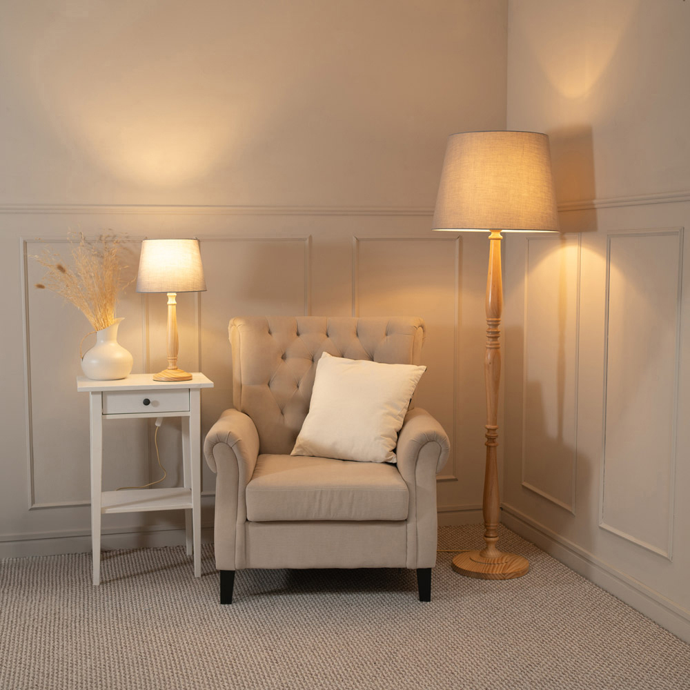 ValueLights Victoria Grey Fabric Tapered Shade Light Wood Traditional Stem LED Floor Lamp Image 4