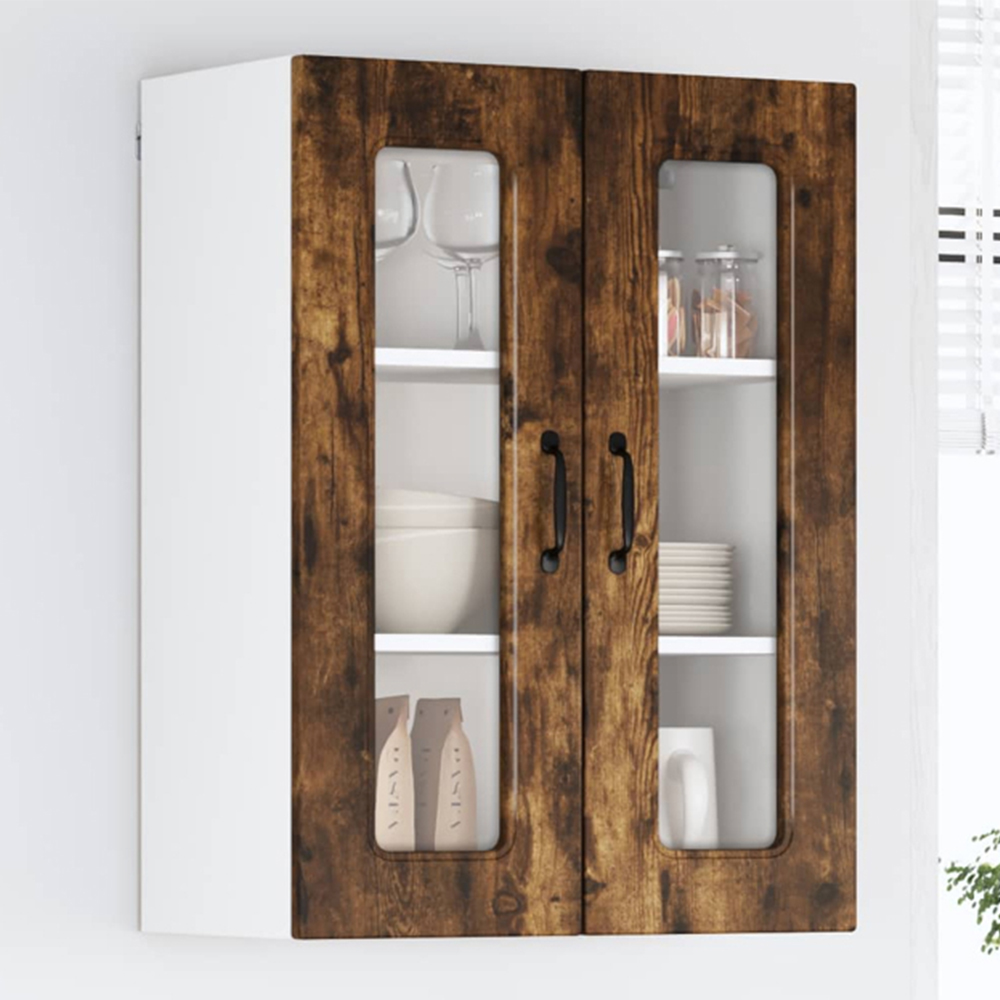 vidaXL 2 Glass Door Smoked Oak Kitchen Wall Cabinet Image 1
