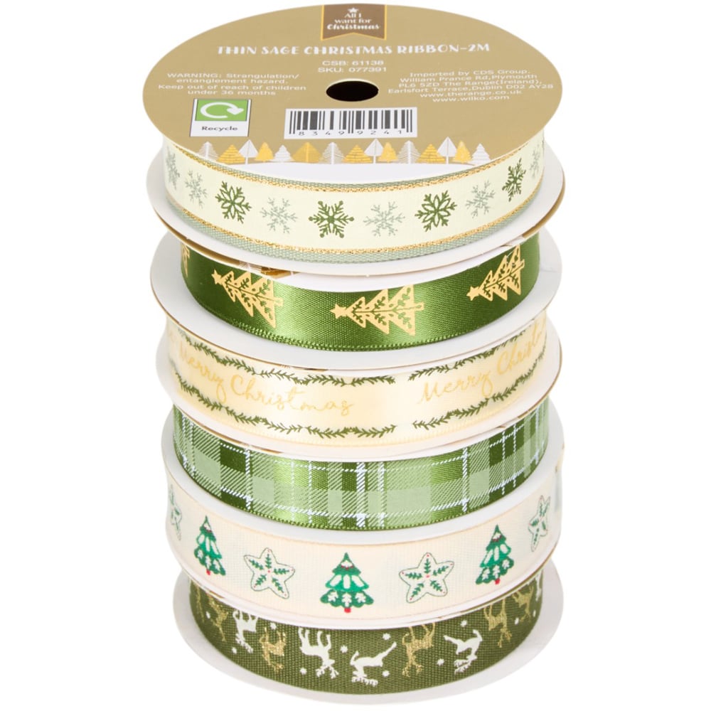 Pack of 3 Thin Sage Christmas Ribbons - Sage Green Image 1