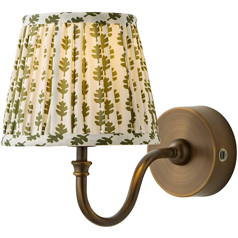 ValueLights Lowe Green Ditsy Floral Pleated Shade Brass Rechargeable Wall Light with Bulb Image 1