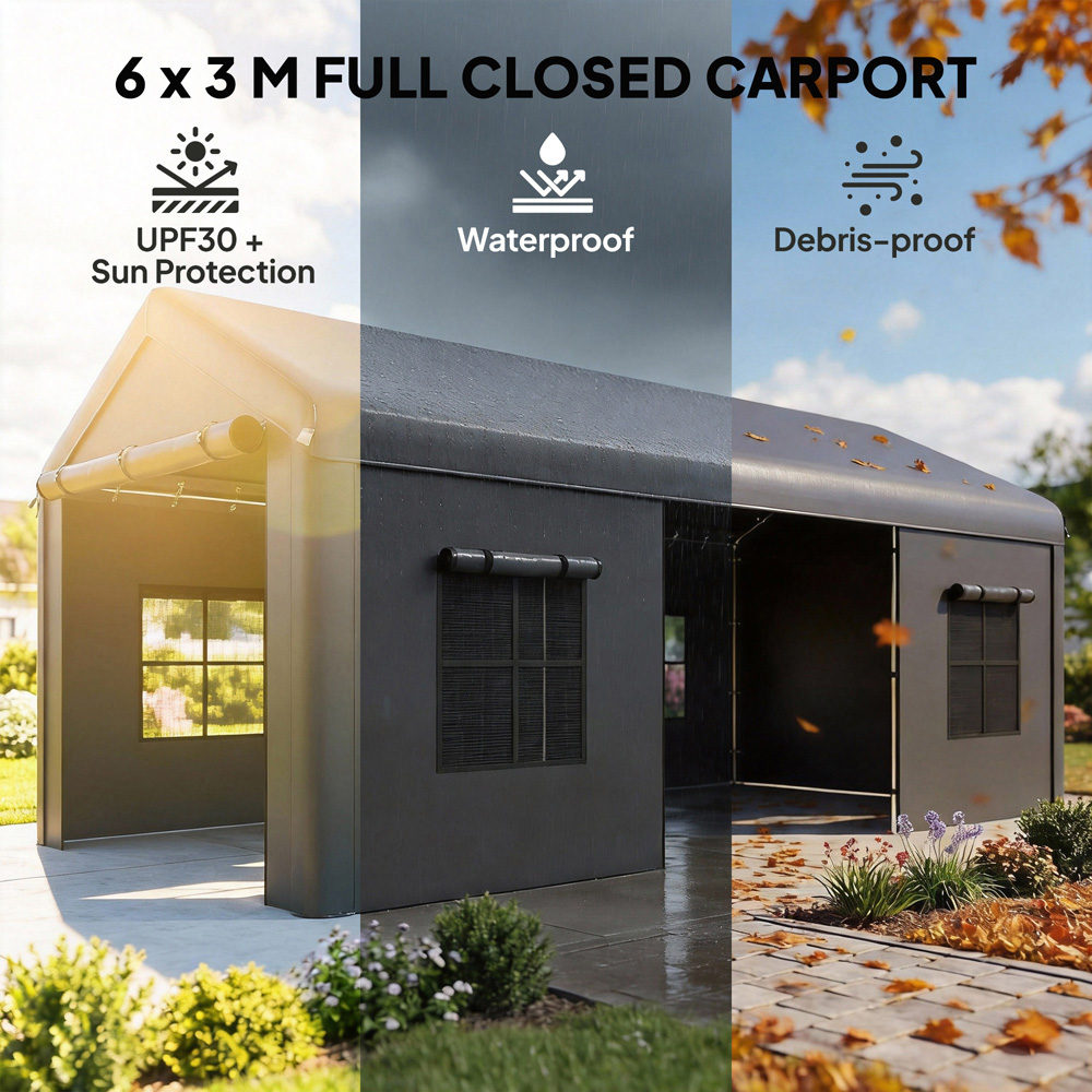 Outsunny Dark Grey Heavy Duty Portable Apex Carport with 3 Doors 3 x 6m Image 8
