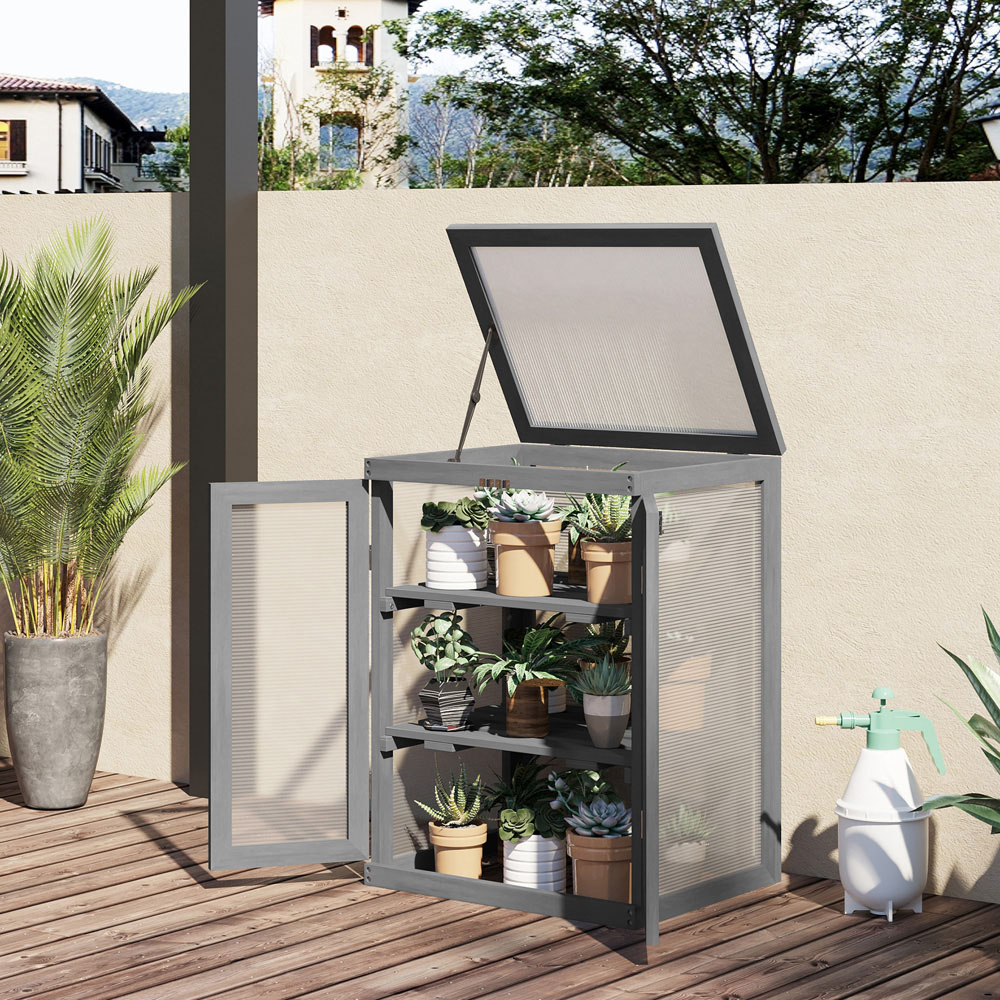 Outsunny 3-Tier Dark Grey Wooden Polycarbonate Cold Frame Image 2