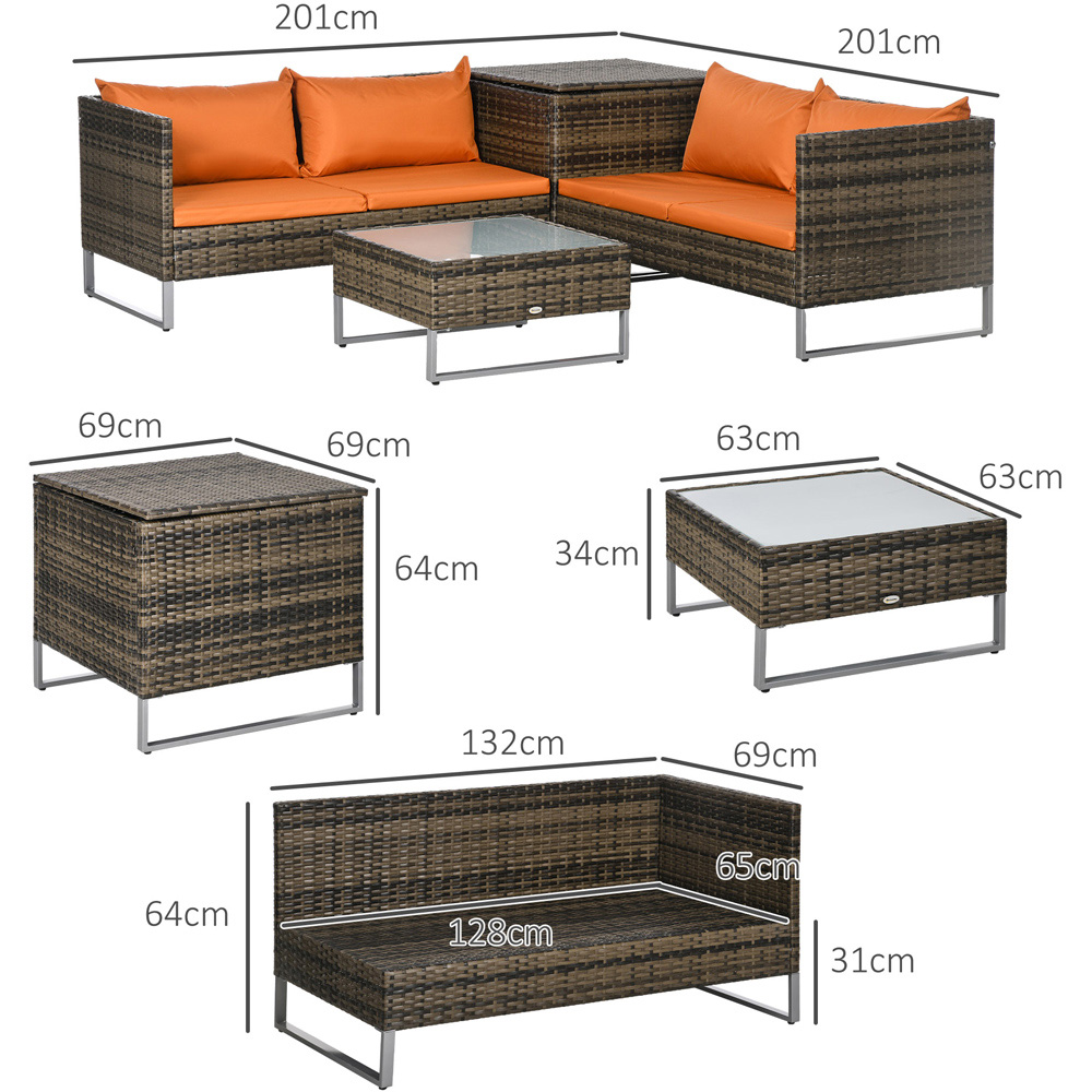 Outsunny 4 Seater Orange Cushion Rattan Garden Lounge Set with Storage Table Image 7