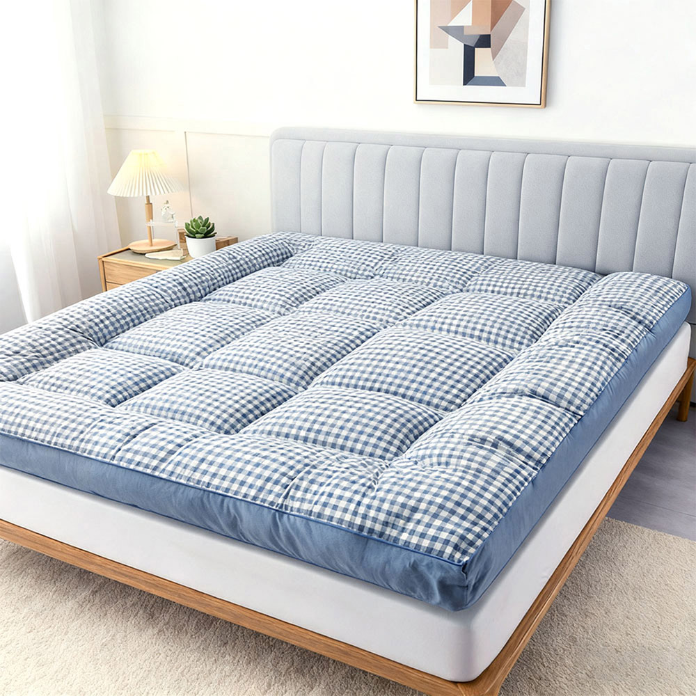 Living and Home Single Blue Plaid Quilted Mattress Topper Image 2