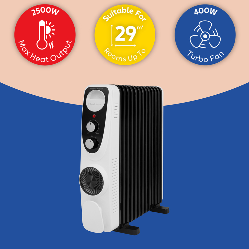 Russell Hobbs RHOFR2403 White and Black 13 Fin Manual Oil Filled Radiator Turbo Fan 2500W Image 8