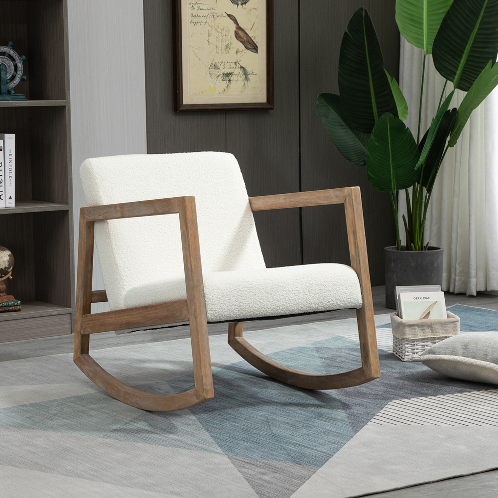 HOMCOM Cream White Teddy Fleece Upholstered Rocking Chair with Cushion Image 5