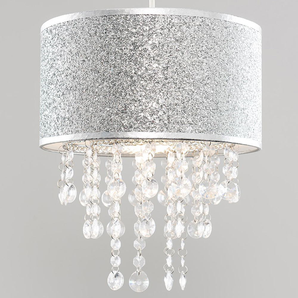 ValueLights Bonita Silver Glitter Clear Acrylic Droplets Drum Lamp Shade Image 2