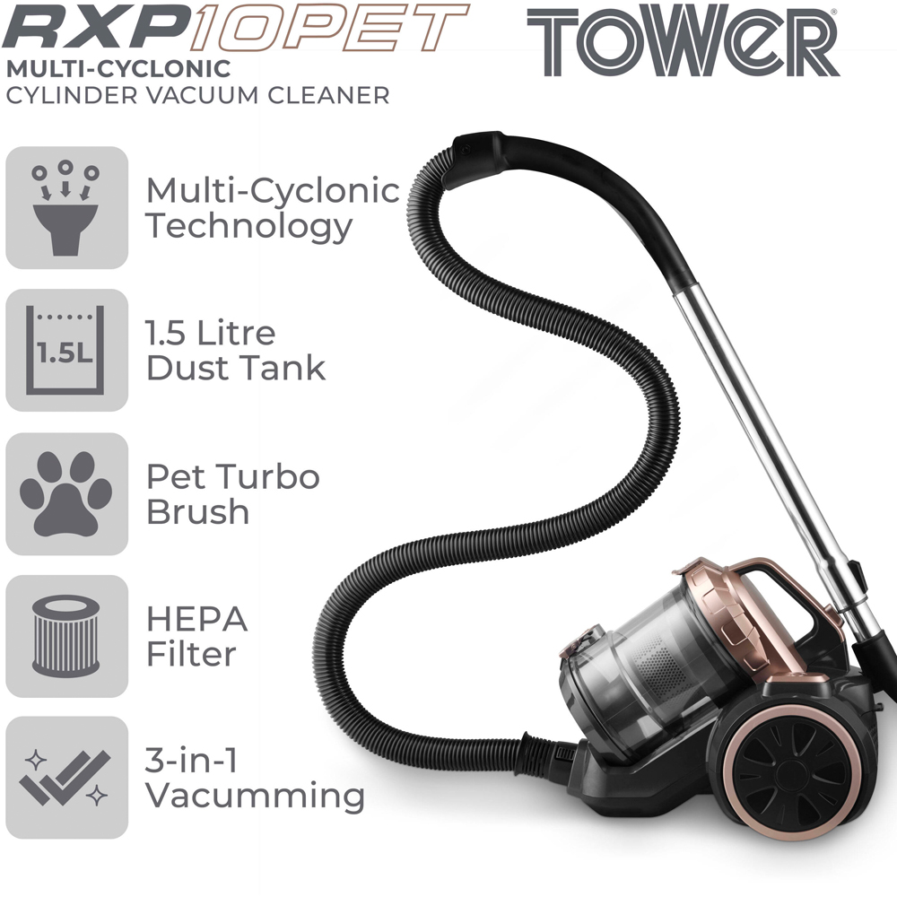 Tower RXP10 PET Rose Gold Multi Cyclonic Cylinder Vacuum Cleaner 800W Image 4