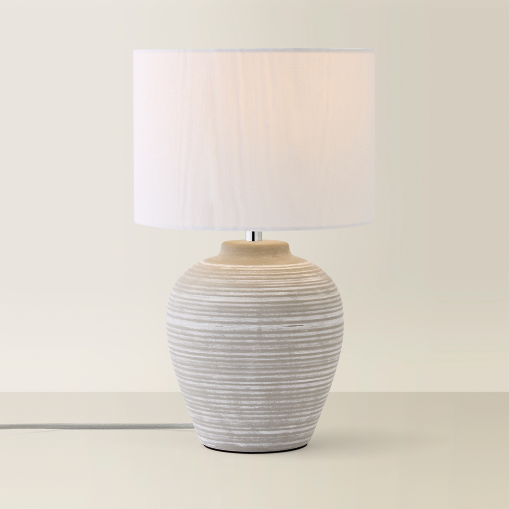 ValueLights Reid Linen Drum Lamp Shade Stone Grey Ribbed Ceramic Small LED Table Lamp Image 3