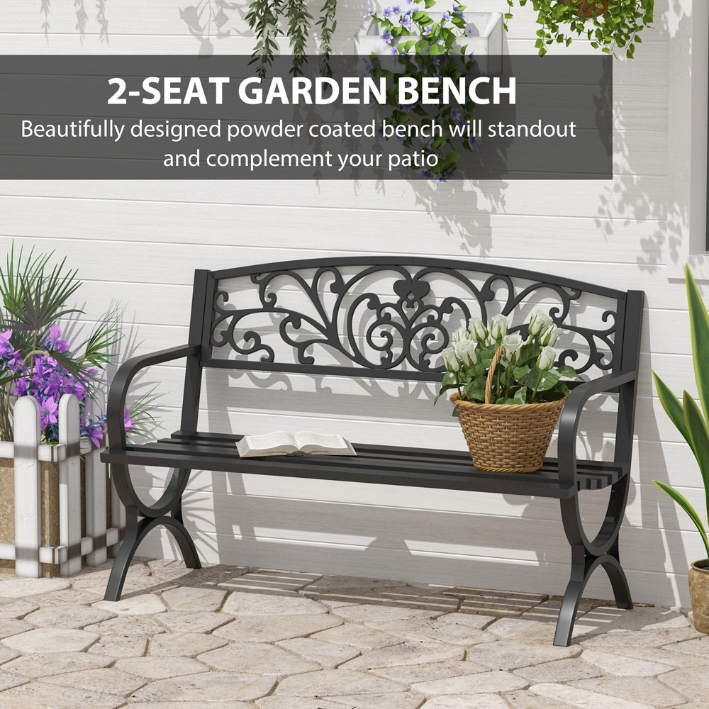 Outsunny 2 Seater Black Metal Bench with Armrest Image 4