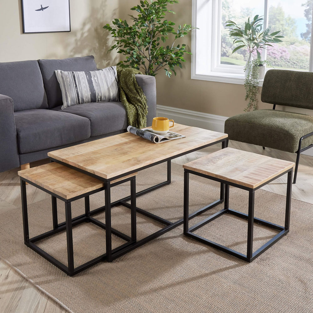 Home Source Cherokee Mango Wood and Metal Nest of Table Set of 3 Image 4